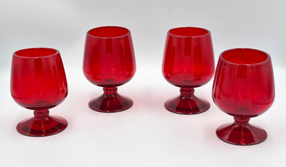 Vintage BLENKO Hand Blown Red Brandy Art Glass Snifter 4pc Set